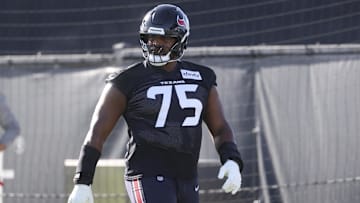 Jul 23, 2025; Houston, TX, USA;  Houston Texans guard Laken Tomlinson (75) during training camp at Houston Methodist Training Center. Mandatory Credit: Troy Taormina-Imagn Images