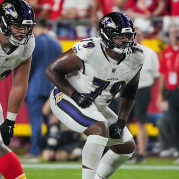 Sep 5, 2024; Kansas City, Missouri, USA; Baltimore Ravens offensive tackle Ronnie Stanley (79) at the line of scrimmage against the Kansas City Chiefs during the game at GEHA Field at Arrowhead Stadium. Mandatory Credit: Denny Medley-Imagn Images
