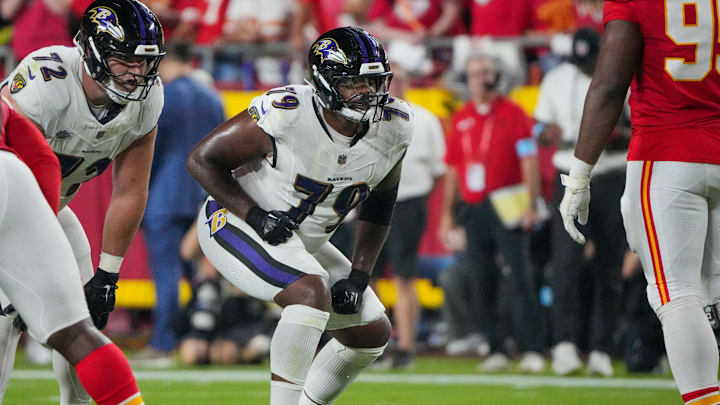 Sep 5, 2024; Kansas City, Missouri, USA; Baltimore Ravens offensive tackle Ronnie Stanley (79) at the line of scrimmage against the Kansas City Chiefs during the game at GEHA Field at Arrowhead Stadium. Mandatory Credit: Denny Medley-Imagn Images Sep 5, 2024; Kansas City, Missouri, USA; Baltimore Ravens offensive tackle Ronnie Stanley (79) at the line of scrimmage against the Kansas City Chiefs during the game at GEHA Field at Arrowhead Stadium. Mandatory Credit: Denny Medley-Imagn Images