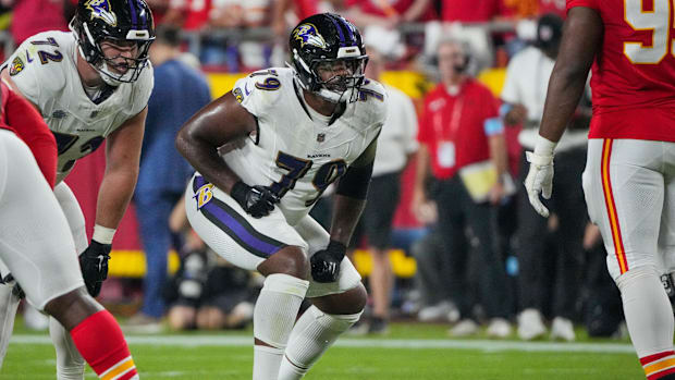 Baltimore Ravens offensive tackle Ronnie Stanley lines up against the Kansas City Chiefs