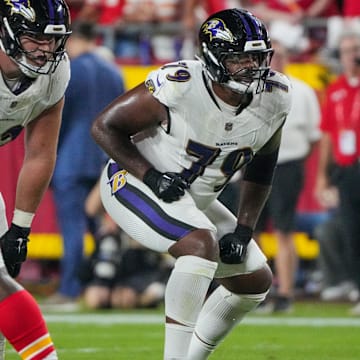Sep 5, 2024; Kansas City, Missouri, USA; Baltimore Ravens offensive tackle Ronnie Stanley (79) at the line of scrimmage against the Kansas City Chiefs during the game at GEHA Field at Arrowhead Stadium. Mandatory Credit: Denny Medley-Imagn Images