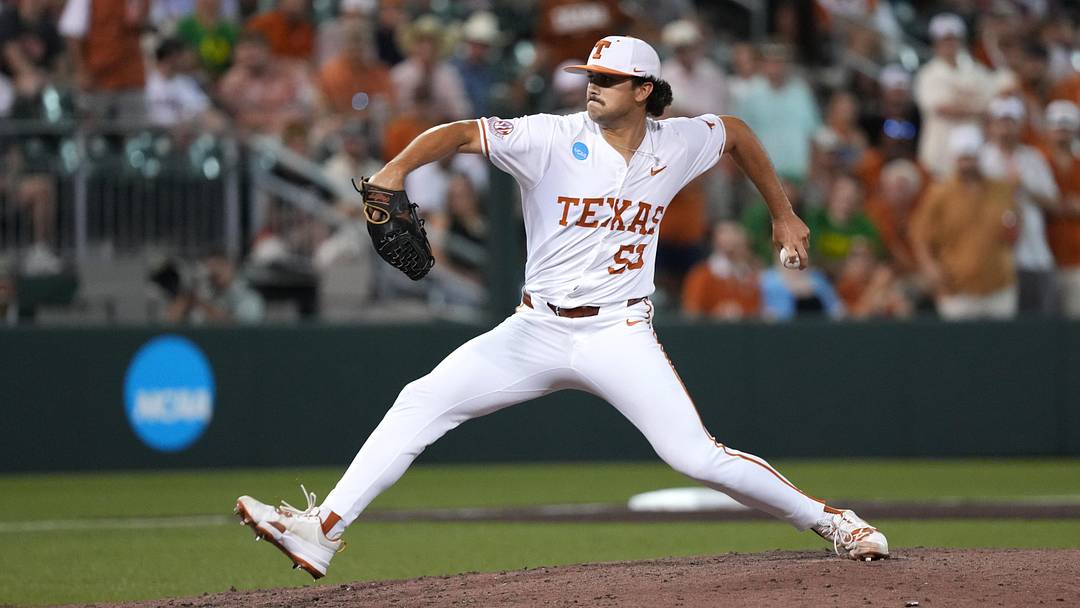 Texas Longhorns pitcher Luke Harrison delivers a pitch against the Oregon Ducks in the Austin Super Regional. Texas Longhorns pitcher Luke Harrison delivers a pitch against the Oregon Ducks in the Austin Super Regional.