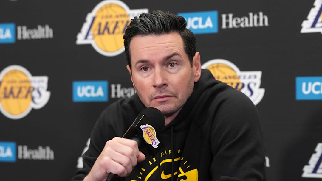 Mar 3, 2026; Los Angeles, California, USA; Los Angeles Lakers head coach JJ Redick at a press conference at the Crypto.com Arena. Mandatory Credit: Kirby Lee-Imagn Images