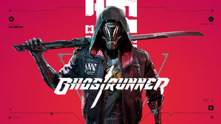 Ghostrunner hero stands facing the camera with his sword over his shoulder