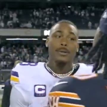 Jefferson, a four-time Pro Bowl selection, shared a moment with Bears second round rookie Luther Burden III. 