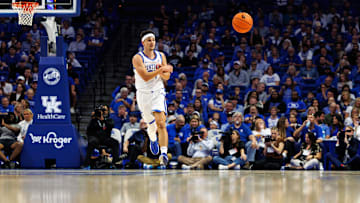 Oct 29, 2024; Lexington, KY, USA; Kentucky Wildcats guard Kerr Kriisa (77) passes the ball during the second half against the Minnesota State Mavericks at Rupp Arena. Mandatory Credit: Jordan Prather-Imagn Images