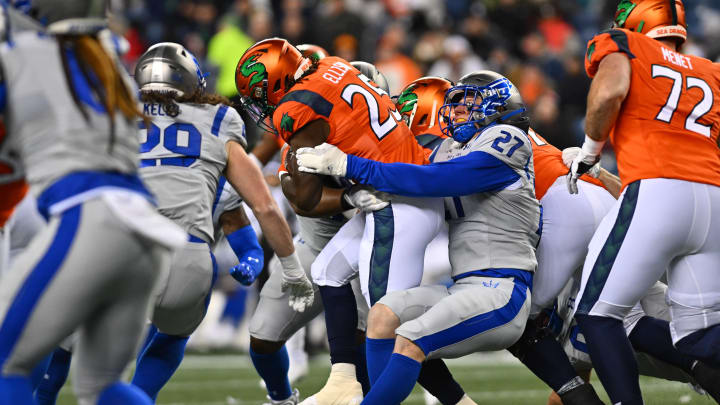 Feb 23, 2023; Seattle, WA, USA; St. Louis Battlehawks linebacker Mike Rose (27) tackles Seattle Sea Dragons running back Morgan Ellison (25) during the first half at Lumen Field. St Louis defeated Seattle 20-18. Mandatory Credit: Steven Bisig-USA TODAY Sports