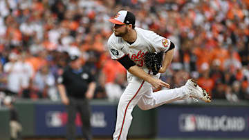 Oct 1, 2024; Baltimore, Maryland, USA; Baltimore Orioles pitcher Corbin Burnes (39) throws a pitch against the Kansas City Royals in the first inning in game one of the Wild Card round for the 2024 MLB Playoffs at Oriole Park at Camden Yards. Mandatory Credit: Tommy Gilligan-Imagn Images