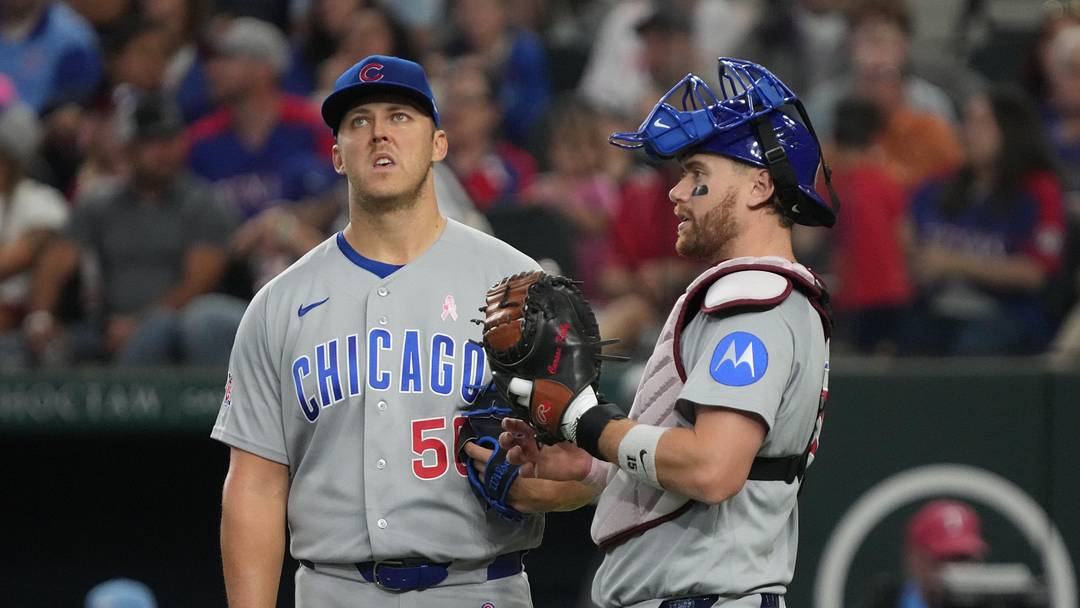 May 10, 2026; Arlington, Texas, USA;  Chicago Cubs pitcher Jameson Taillon (50) and catcher Carson Kelly (15) wait for a replay review during the fourth inning against the Texas Rangers at Globe Life Field. Mandatory Credit: Raymond Carlin III-Imagn Images