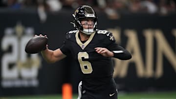 Nov 23, 2025; New Orleans, Louisiana, USA; New Orleans Saints quarterback Tyler Shough (6) looks to throw downfield against the Atlanta Falcons during the second half at Caesars Superdome. Mandatory Credit: Matthew Hinton-Imagn Images