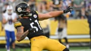 Aug 17, 2024; Pittsburgh, Pennsylvania, USA;  Pittsburgh Steelers linebacker Nick Herbig (51) celebrates after sacking Buffalo Bills quarterback Mitchell Trubisky (11) during the first quarter at Acrisure Stadium. Mandatory Credit: Barry Reeger-USA TODAY Sports