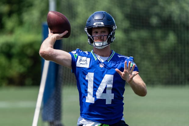 Seattle Seahawks QB Sam Darnold passes the ball during mini-camp at Virginia Mason Athletic Center.