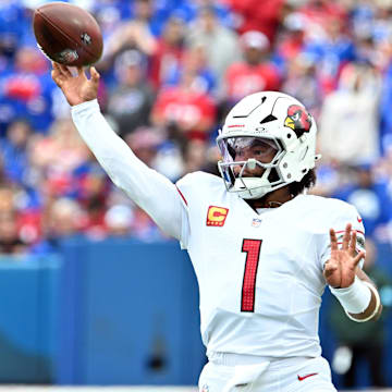 Sep 8, 2024; Orchard Park, New York, USA; Arizona Cardinals quarterback Kyler Murray (1) throws a pass in the second quarter against the Buffalo Bills at Highmark Stadium. Mandatory Credit: Mark Konezny-Imagn Images