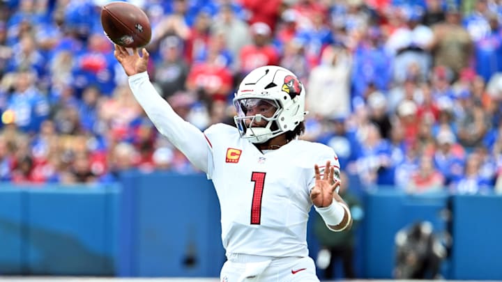 Sep 8, 2024; Orchard Park, New York, USA; Arizona Cardinals quarterback Kyler Murray (1) throws a pass in the second quarter against the Buffalo Bills at Highmark Stadium. Mandatory Credit: Mark Konezny-Imagn Images