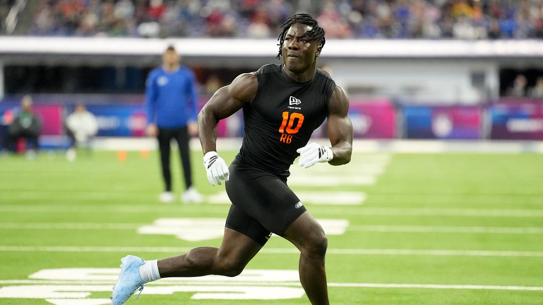 Feb 28, 2026; Indianapolis, IN, USA; Nebraska running back Emmett Johnson (RB10) during the NFL Scouting Combine at Lucas Oil Stadium. Mandatory Credit: Kirby Lee-Imagn Images