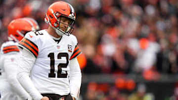 Cleveland Browns quarterback Jeff Driskel (12) reacts after throwing an interception in the first quarter during a Week 18 NFL football game between the Cleveland Browns at Cincinnati Bengals, Sunday, Jan. 7, 2024, at Paycor Stadium in Cincinnati.
