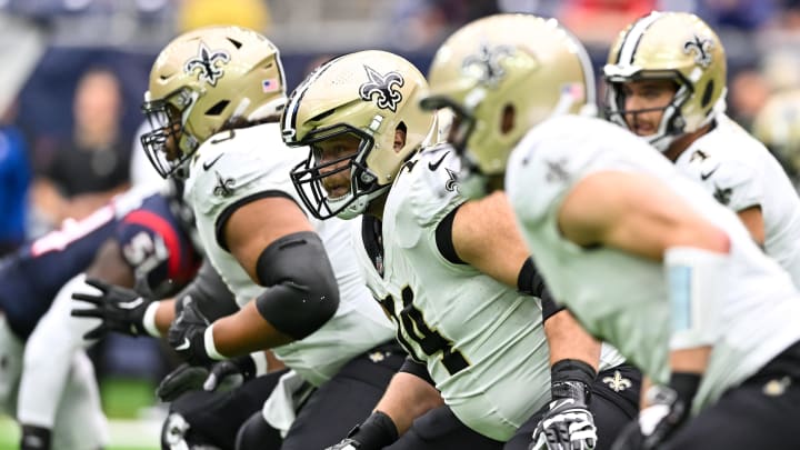 Oct 15, 2023; Houston, Texas, USA; New Orleans Saints offensive tackle James Hurst (74) in action during the first quarter against the Houston Texans at NRG Stadium. Mandatory Credit: Maria Lysaker-USA TODAY Sports