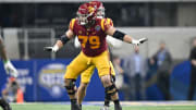 Jan 2, 2023; Arlington, Texas, USA; USC Trojans offensive lineman Jonah Monheim (79) in action during the game between the USC Trojans and the Tulane Green Wave in the 2023 Cotton Bowl at AT&T Stadium. Mandatory Credit: Jerome Miron-USA TODAY Sports