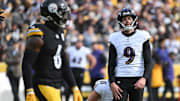 Nov 17, 2024; Pittsburgh, Pennsylvania, USA; Baltimore Ravens place kicker Justin Tucker (9) reacts to a missed field goal against the Pittsburgh Steelers during the first quarter at Acrisure Stadium. Mandatory Credit: Barry Reeger-Imagn Images