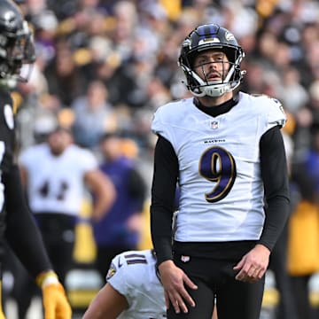 Nov 17, 2024; Pittsburgh, Pennsylvania, USA; Baltimore Ravens place kicker Justin Tucker (9) reacts to a missed field goal against the Pittsburgh Steelers during the first quarter at Acrisure Stadium. Mandatory Credit: Barry Reeger-Imagn Images
