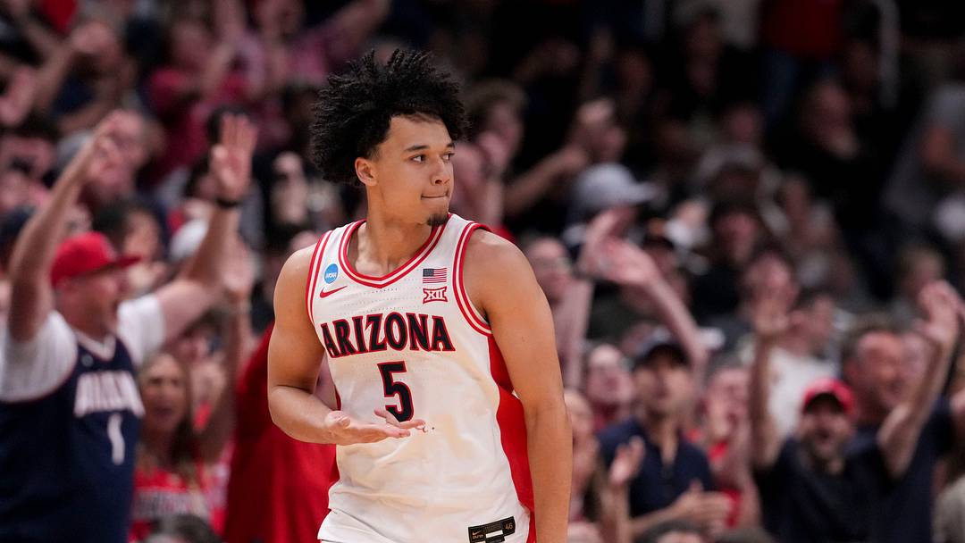 Arizona Wildcats guard Brayden Burries (5) reacts after scoring a three-point field goal against the Purdue Boilermakers during a NCAA Tournament game Saturday, March 28, 2026 at SAP Center in San Jose, Calif. Purdue fell to Arizona 79-64.