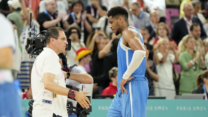 Greece small forward Giannis Antetokounmpo (34) reacts after their loss against Germany during a menís basketball quarterfinal game during the Paris 2024 Olympic Summer Games at Accor Arena. 