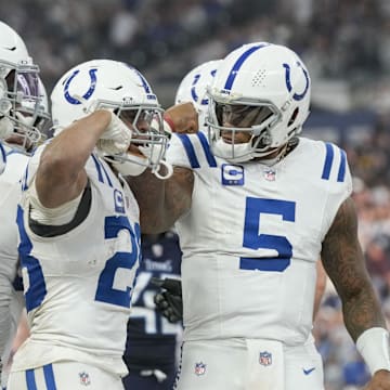 Dec 22, 2024; Indianapolis, Indiana, USA; Indianapolis Colts quarterback Anthony Richardson (5) celebrates after thinking he scored a touchdown during a game against the Tennessee Titans  at Lucas Oil Stadium. Mandatory Credit: Grace Hollars/USA Today Network via Imagn Images 