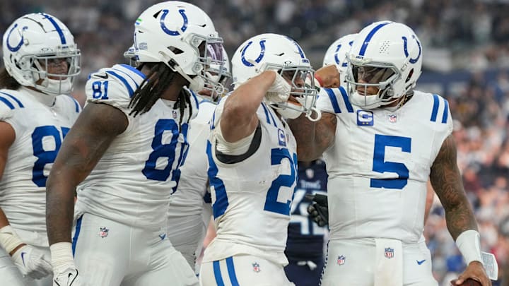 Indianapolis Colts quarterback Anthony Richardson (5) celebrates after thinking he scored a touchdown Sunday, Dec. 22, 2024, during a game against the Tennessee Titans at Lucas Oil Stadium in Indianapolis. The ball was ruled down at the half yard line. Indianapolis Colts quarterback Anthony Richardson (5) celebrates after thinking he scored a touchdown Sunday, Dec. 22, 2024, during a game against the Tennessee Titans at Lucas Oil Stadium in Indianapolis. The ball was ruled down at the half yard line.