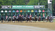 Jun 8, 2024; Saratoga Springs, NY, USA; A general view of the start of the Belmont Stake at Saratoga Race Course. 