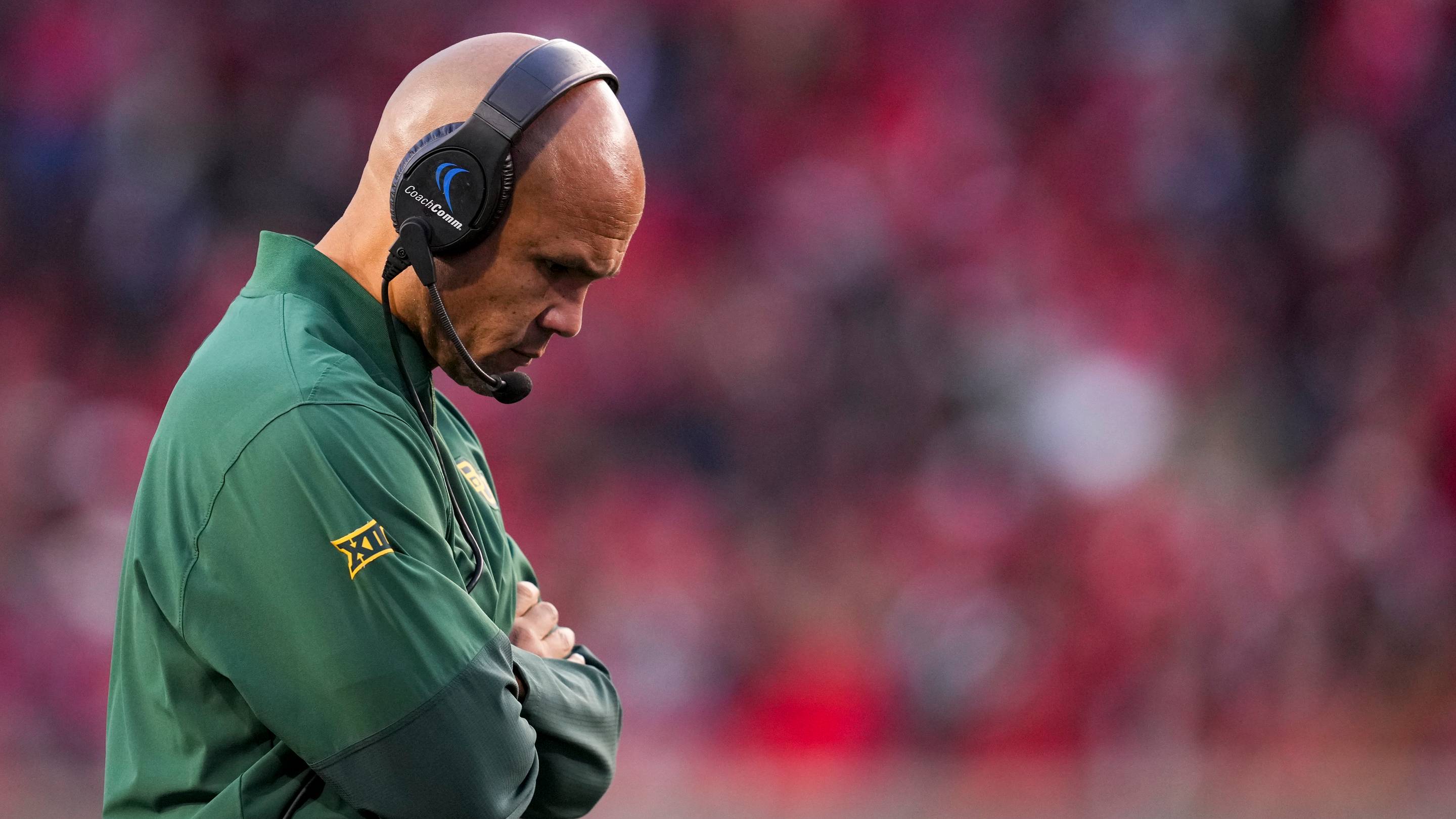 Oct 25, 2025; Cincinnati, Ohio, USA; Baylor Bears head coach Dave Aranda works the sideline during the game against the Cincinnati Bearcats in the second half at Nippert Stadium. Mandatory Credit: Aaron Doster-Imagn Images | IMAGN IMAGES via Reuters Connect