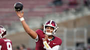 Sep 13, 2025; Stanford, California, USA; Stanford Cardinal quarterback Elijah Brown (2) warms up before the game against the Boston College Eagles at Stanford Stadium. Mandatory Credit: Darren Yamashita-Imagn Images