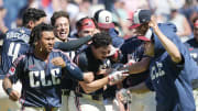 May 19, 2024; Cleveland, Ohio, USA; Cleveland Guardians left fielder Will Brennan, middle celebrates with teammates after hitting a walk off three run home run during the ninth inning against the Minnesota Twins at Progressive Field. Mandatory Credit: Ken Blaze-USA TODAY Sports