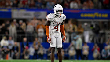 Jan 10, 2025; Arlington, TX, USA; Texas Longhorns defensive back Andrew Mukuba (4) in action during the game between the Texas Longhorns and the Ohio State Buckeyes at AT&T Stadium. Mandatory Credit: Jerome Miron-Imagn Images