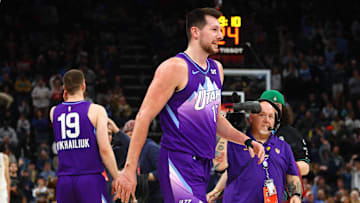 Jan 25, 2025; Memphis, Tennessee, USA; Utah Jazz forward Drew Eubanks (15) walks off the court after being ejected during the second quarter against the Memphis Grizzlies at FedExForum. Mandatory Credit: Petre Thomas-Imagn Images