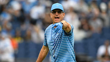 Chargers head coach Jim Harbaugh during the Hall of Fame Game