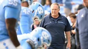 Oct 25, 2025; Chapel Hill, North Carolina, USA; North Carolina Tar Heels head coach Bill Belichick with the team before the game at Kenan Stadium. Mandatory Credit: Bob Donnan-Imagn Images