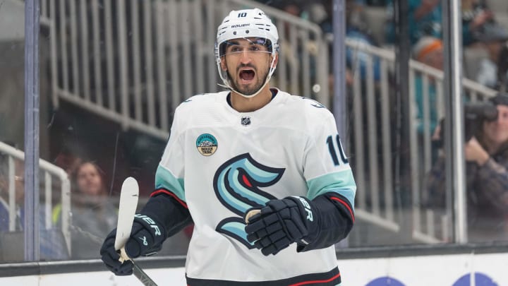 Apr 1, 2024; San Jose, California, USA;  Seattle Kraken center Matty Beniers (10) reacts after scoring a goal during the first period against the San Jose Sharks at SAP Center at San Jose. Mandatory Credit: Stan Szeto-USA TODAY Sports