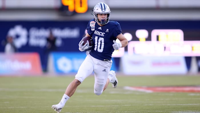Dec 26, 2023; Dallas, TX, USA; Rice Owls wide receiver Luke McCaffrey (10) runs with the ball