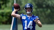 Jun 11, 2025; Renton, WA, USA; Seattle Seahawks quarterback Sam Darnold (14) passes the ball during mini-camp at Virginia Mason Athletic Center. Mandatory Credit: Stephen Brashear-Imagn Images