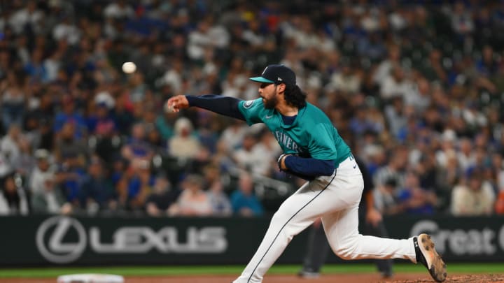 Seattle Mariners relief pitcher Andres Munoz (75) pitches to the New York Mets during the ninth inning at T-Mobile Park on Aug 10.