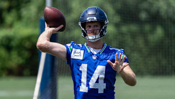 Jun 11, 2025; Renton, WA, USA; Seattle Seahawks quarterback Sam Darnold (14) passes the ball during mini-camp at Virginia Mason Athletic Center. Mandatory Credit: Stephen Brashear-Imagn Images