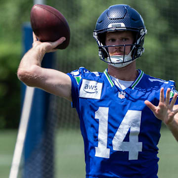 Seattle Seahawks quarterback Sam Darnold passes the ball during mini-camp at Virginia Mason Athletic Center.