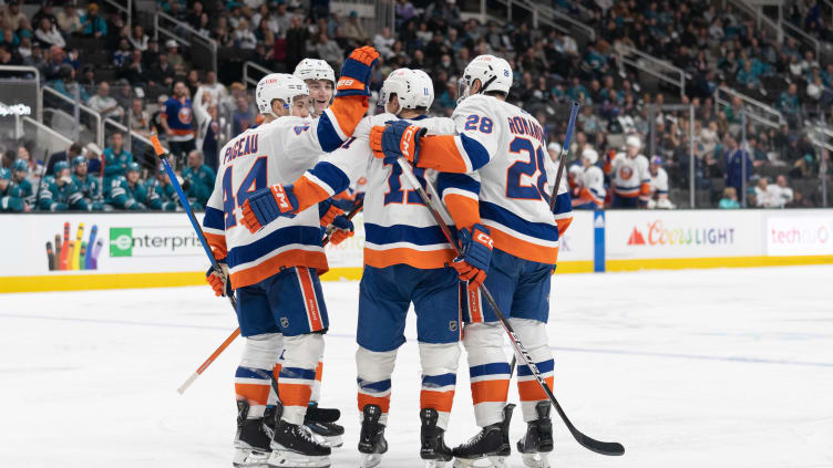 Mar 18, 2023; San Jose, California, USA;  New York Islanders celebrate during the third period