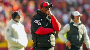 Dec 21, 2024; Kansas City, Missouri, USA; Houston Texans head coach DeMeco Ryans reacts after an injury to wide receiver Tank Dell (not pictured) during the second half against the Kansas City Chiefs at GEHA Field at Arrowhead Stadium. Mandatory Credit: Jay Biggerstaff-Imagn Images
