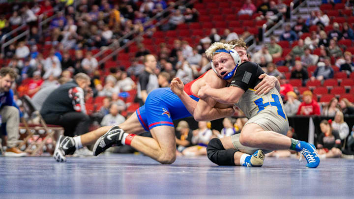 Decorah's Thomas Sexton wrestles Humboldt's Broedy Hendricks at 190 lbs during the 2025 Iowa boys state wresting tournament on Thursday, Feb. 20, 2025, at Wells Fargo Arena in Des Moines.
