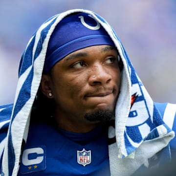 Indianapolis Colts quarterback Anthony Richardson (5) leaves the field Sunday, Sept. 8, 2024, after losing a game 29-27 to the Houston Texans at Lucas Oil Stadium in Indianapolis.