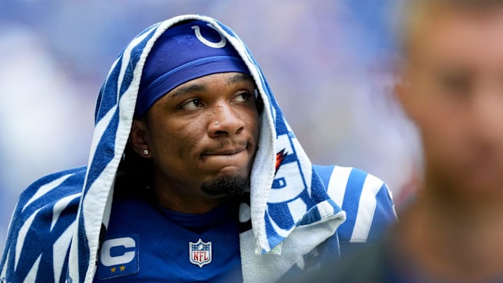 Indianapolis Colts quarterback Anthony Richardson (5) leaves the field Sunday, Sept. 8, 2024, after losing a game 29-27 to the Houston Texans at Lucas Oil Stadium in Indianapolis.