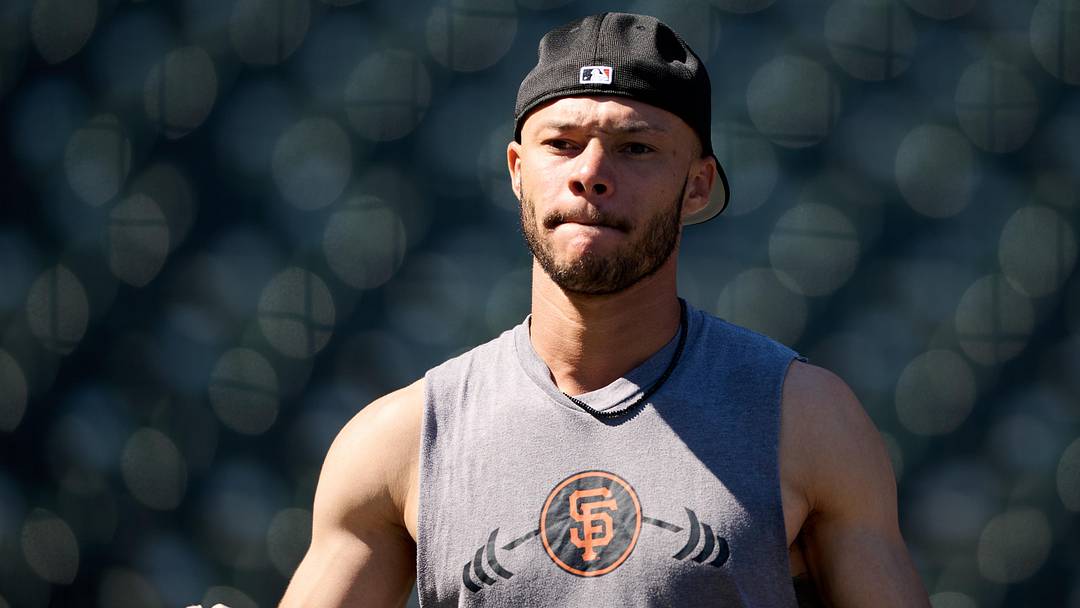 Aug 8, 2025; San Francisco, California, USA; San Francisco Giants center fielder Grant McCray (58) looks on during batting practice before the game between the San Francisco Giants and the Washington Nationals at Oracle Park. Mandatory Credit: Robert Edwards-Imagn Images