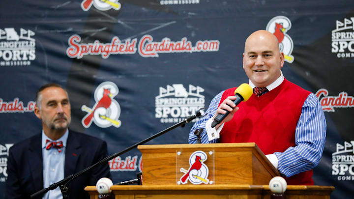 Dan Reiter, the General Manager of the Springfield Cardinals, announces at a press conference that the Springfield Cardinals have been sold by the St. Louis Cardinals to Diamond Baseball Holdings on Monday, May 1, 2023.

Tcards Presser00010