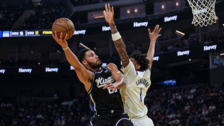Oct 10, 2026; San Francisco, California, USA;  Sacramento Kings guard Ben Simmons (25) shoots against Golden State Warriors forward Yaxel Lendeborg (1) during the first quarter at Chase Center.  Mandatory Credit: Justine Willard-Imagn Images